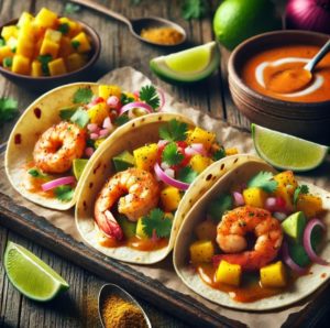 Tacos crevettes au curry rouge