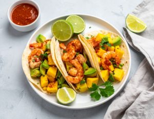 Tacos aux crevettes chili, salsa mangue avocat