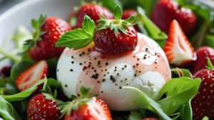 Burrata aux fraises vinaigre de framboise & poivre Timut