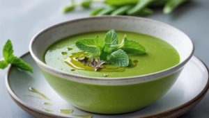 Velouté froid de petits pois à la menthe et huile de truffe