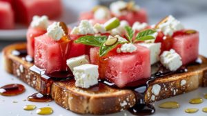 Tartines à la pastèque, feta & huile d’amande