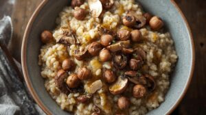 Risotto d’automne aux champignons, noisettes torréfiées et huile de truffe du Comptoir