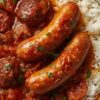 Rougail saucisse maison, une recette réunionnaise généreuse avec saucisses, tomates, oignons, épices et riz parfumé.