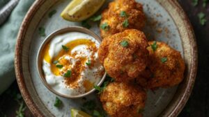 Croquettes de chou fleur aux épices du Comptoir, sauce yaourt citron sumac