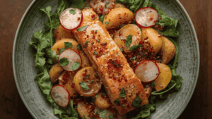 Salade tiède de saumon, pommes de terre nouvelles, radis croquants et vinaigrette printanière